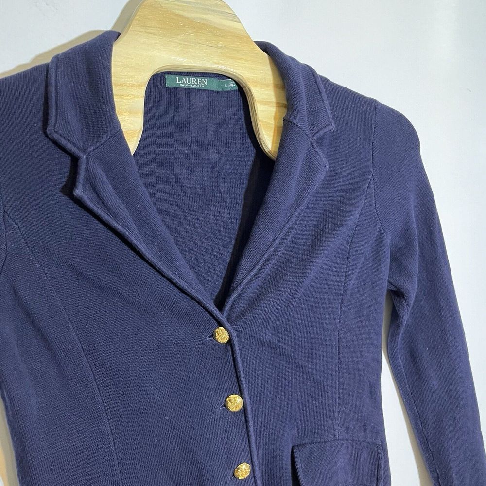Lauren Ralph Lauren Women's L Blue Button-Up Knit Sweater Blazer 3 Gold Buttons
